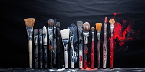 A row of brushes of various sizes in the photo on the black background - obrazy, fototapety, plakaty
