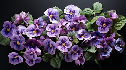 Viola pansy flower and leaves. Lilac spring violet flowers isolated on white background. Floral arrangement, design element. Springtime concept. Top view, flat lay : Generative AI