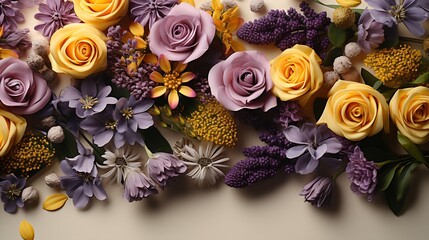 Flowers composition. Yellow and purple flowers on white background. Spring, easter concept. Flat...