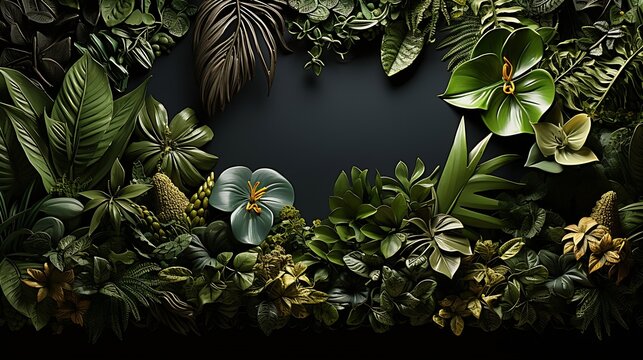 Nature frame of jungle trees with tropical rainforest foliage plants (Monstera, bird’s nest fern, golden pothos and forest orchid) growing in wild isolated on white background : Generative AI