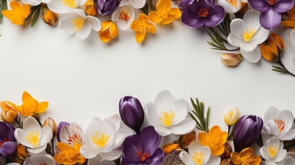 Violet, white, yellow crocuses on a white background with space for text. Spring flowers. Top view, flat lay : Generative AI