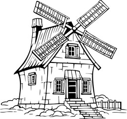 Vintage windmill house drawing