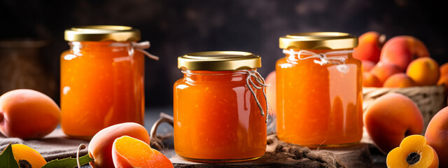 Apricot fruits and apricot jam on the wooden background.Delicious natural marmalade - obrazy, fototapety, plakaty