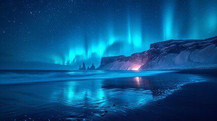 Scenic Image of Iceland. Fantastic nature landscape of Iceland. Incredible seascape with Aurora...
