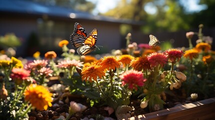 A colorful backyard pollinator garden. : Generative AI - obrazy, fototapety, plakaty