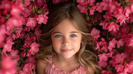 Naklejka premium Overhead view of a sweet little girl in a azalea bush 