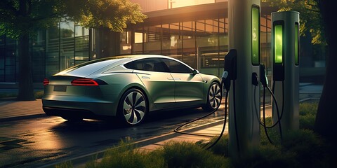 A green car is refueling at a gas station. generative AI