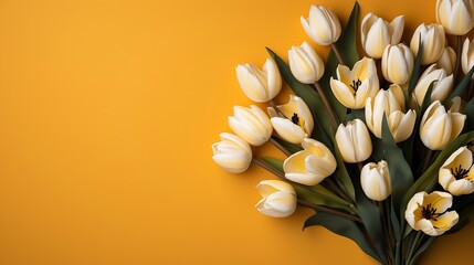 Yellow and white tulip flowers bouquet in front of yellow background. Top view flat lay. With copy space : Generative AI