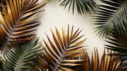 Tropical palm leaves on white background. Summer concept. Flat lay, top view, copy space : Generative AI - obrazy, fototapety, plakaty