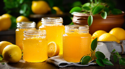 lemon jam in a glass jar. lemon jam on a wooden background. Delicious natural marmalade