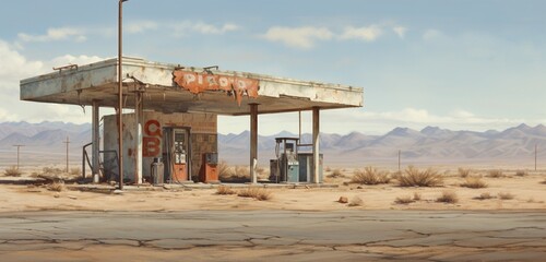 A deserted, weathered gas station in the midst of a desert, its crumbling structure bearing a palpable texture of forsaken infrastructure.