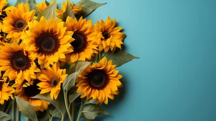 Rolgordijnen Summertime or autumn concept. Sunflowers with copy space on pastel blue background. Sunny day shadow. Minimal concept. Top view flat lay. : Generative AI © Generative AI