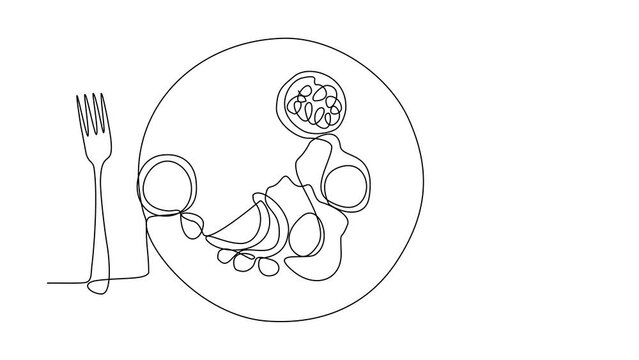 Animated self drawing of food for dinner is available on the table in the restaurant video illustration. Video design with Minimalist black linear concept. Food themes for your business asset.
