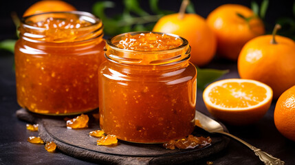 orange jam in a glass jar. orange jam on a wooden background. Delicious natural marmalade - obrazy, fototapety, plakaty