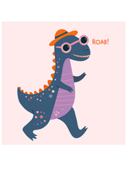 Stylish cartoon dinosaur in glasses and hat. Vector illustration for postcards, prints and other uses.