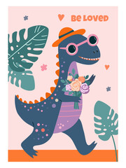 Stylized tropical greeting card with stylish cartoon dinosaur and flowers. Vector template.