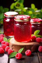 raspberry jam in a glass jar. raspberry jam on a wooden background. Delicious natural marmalade