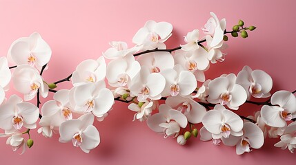 Beautiful White Phalaenopsis orchid flowers on pastel pink background top view flat lay. Tropical flower, branch of orchid close up. Pink orchid background. Holiday, Women's Day, Flowe : Generative AI