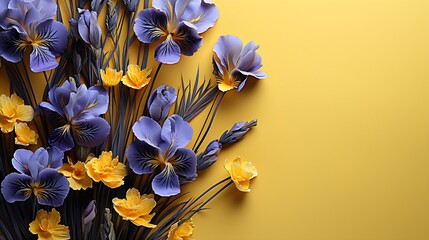 Blue iris flowers on yellow and blue background. Top view, flat lay. : Generative AI - obrazy, fototapety, plakaty