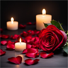Fototapeta na wymiar Red rose petals forming love by candlelight under realistic romantic full moon