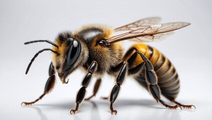 Realistic and detailed close-up of bee, white background