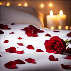 white hotel bed with red rose petals forming love with realistic romantic candlelight