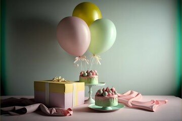 birthday, three balloons, gifts, decoration, ribbons, including a table full of festive items, bright scene, beautiful light, soft light, fashion, elegant composition, pastel colors,