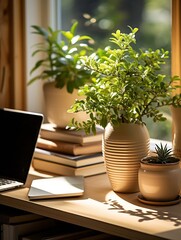 Potted artificial plant, laptop and books on wooden nesting tables indoors : Generative AI