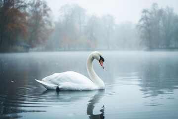 Single white swan in a serene lake, soft focus