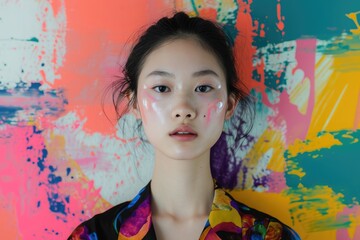 Studio portrait of a young Asian female model with a backdrop of modern abstract art