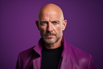 Portrait of a mature man in a purple jacket on a purple background.