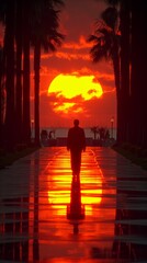 Person Walking Down Walkway at Sunset