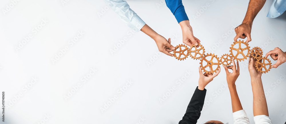 Poster top panorama banner of business team joining cogwheel in circular together symbolize successful grou