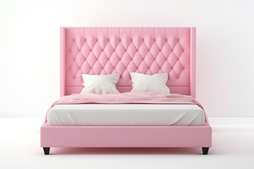 A stylish minimalist bedroom featuring an elegant pink bed, embodying modern comfort and simplicity.