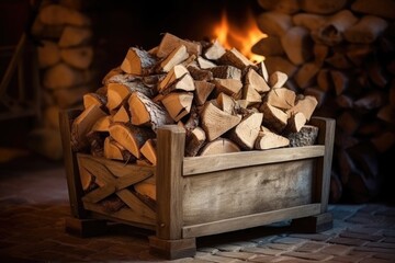 A wooden crate filled with chopped firewood, placed on a brick floor in front of a softly glowing fireplace