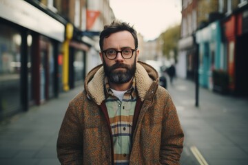 Fototapeta na wymiar Portrait of handsome bearded hipster man with glasses and coat in the city