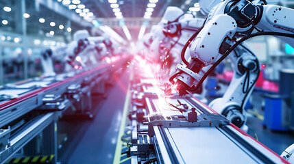 Braços robóticos trabalhando de forma perfeita em uma linha de montagem automotiva mostrando a integração da automação no processo de fabricação