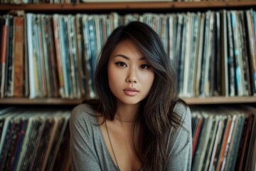 Studio portrait of a young Asian female model with a vintage record store setting
