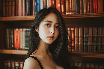 Studio portrait of a young Asian model with a backdrop of a classic bookshelf