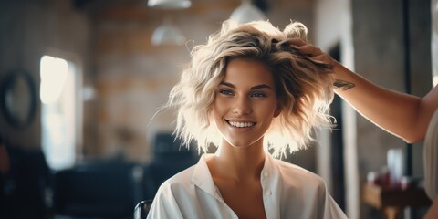 Fototapeta premium Young female hairdresser fixing hair of gorgeous smiling woman. Hairdress and beauty concept