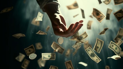 Money falling. Concept of success, achievment. Hand reaching for cash. Money Rain and the Pursuit of Achievement