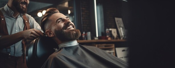 Attractive happy man smiling while getting a new trendy haircut or hairstyle with a professional male barber - obrazy, fototapety, plakaty