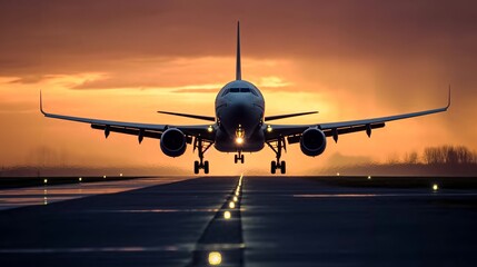 Passenger plane is landing during a wonderful sunrise.