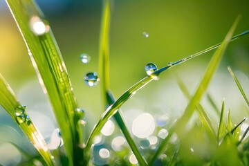 A beautiful large drop of morning dew in the grass sparkles in the rays of sunlight outdoors in nature. A drop of water on a blade of grass and free space for text. Generative AI