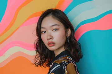 Studio portrait of a young Asian model with a colorful pop art background
