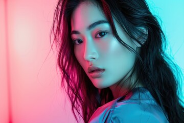 Studio portrait of a young Asian model with retro 80's neon lights and style