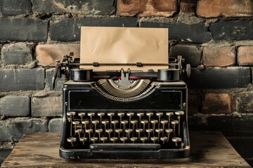 Studio shot of a classic, vintage typewriter with a blank sheet of paper, against a rustic brick wall background.