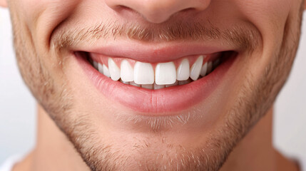 Dental care and hygiene concept. A close up photo of the lower part of a male face, handsome cute smile with very clean perfect teeth. White background.