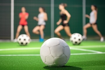 women sports team, grass and goal ball on training mockup