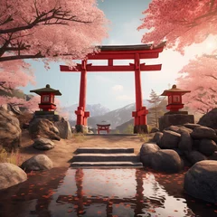 Afwasbaar fotobehang Japanese red Torii gate over a cobble stone path. cherry blossom framing the view. zen garden in the foreground © gabriele